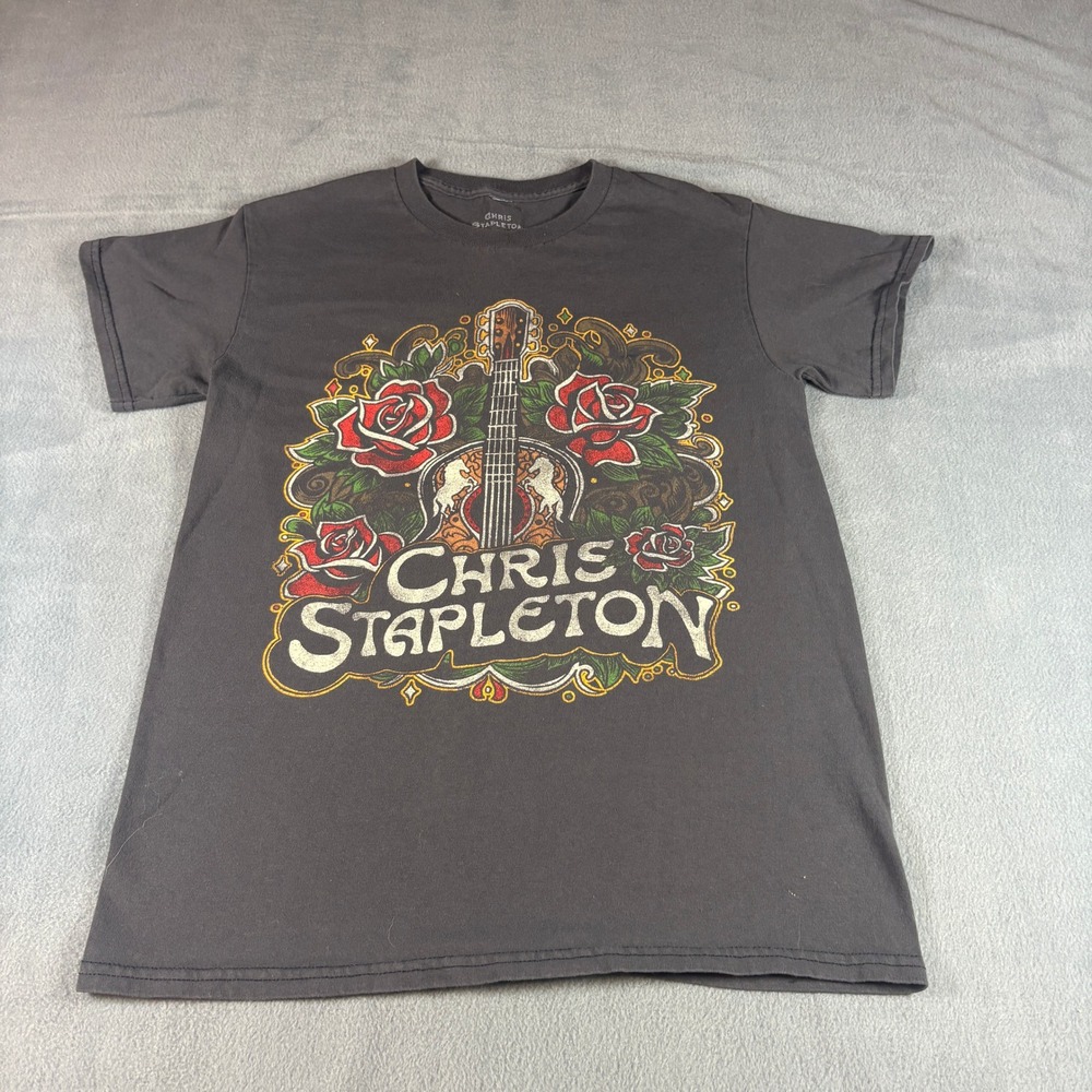 Chris Stapleton Graphic T-Shirt Charcoal Grey Roses Guitar Concert Tee XS